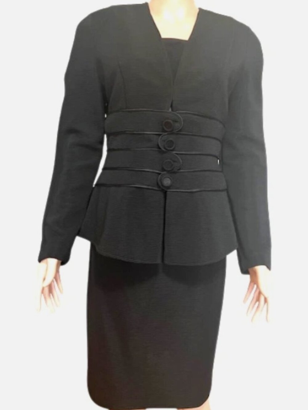 Joseph Ribkoff Skirt Suit Size 8 Black Peplum Piping Poly/Spandex